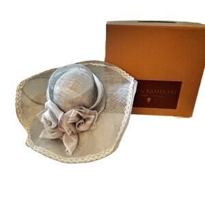 Helen Kaminski Australia Raffia Wide Brim Hat Gray Lace Trim NIB Derby Easter